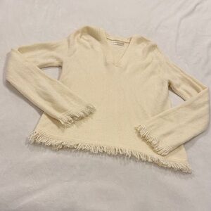 Anthropologie Cream V-Neck Fringe Sweater